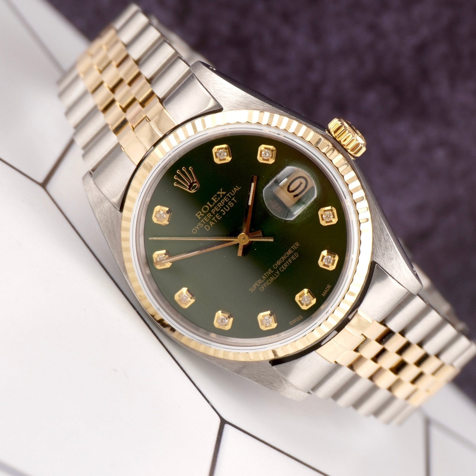 Rolex Datejust 36mm Yellow Gold Fluted Green Diamond Dial Jubilee Watch