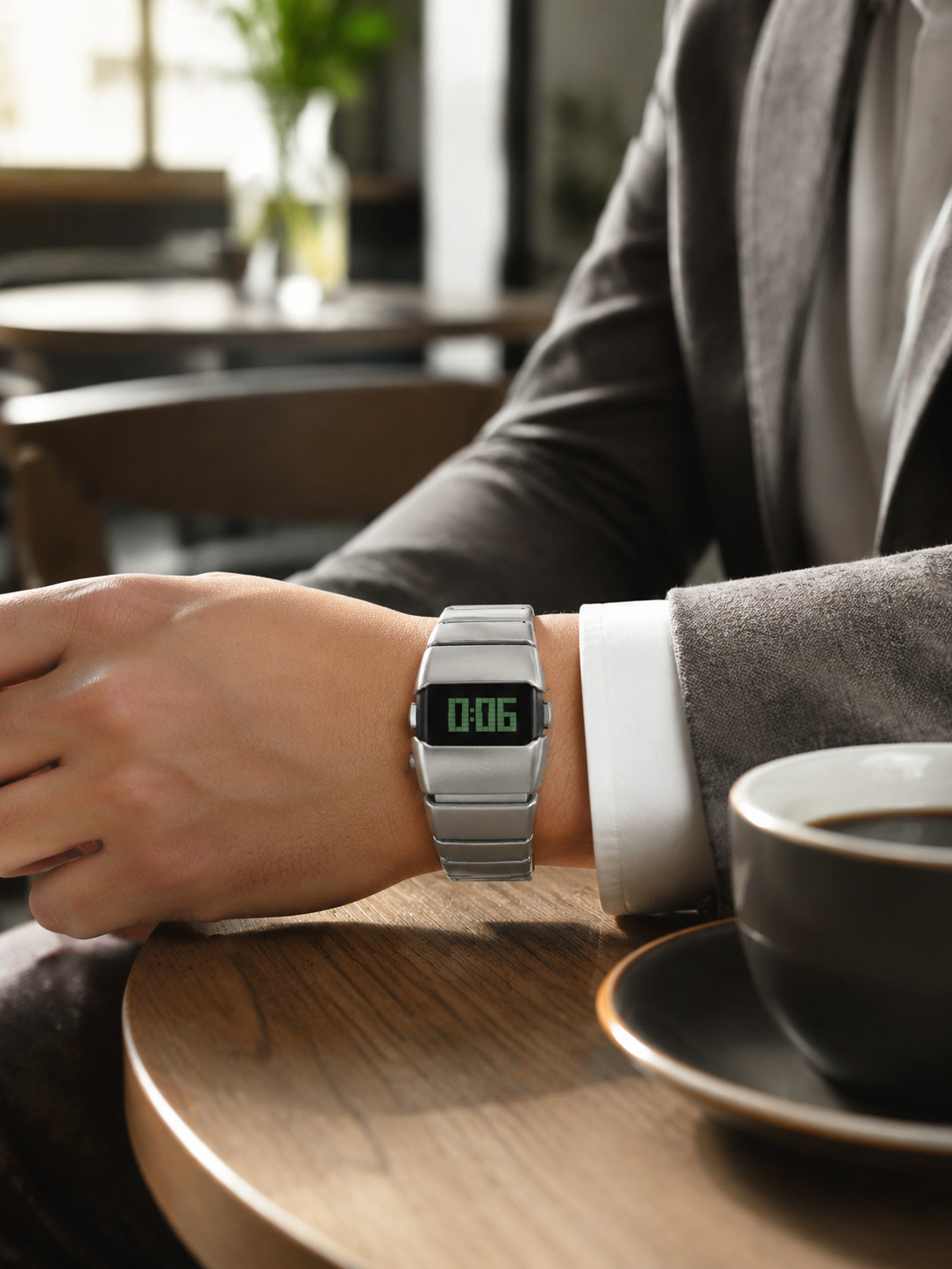 Sleek silver metal digital watch with retro futuristic style.