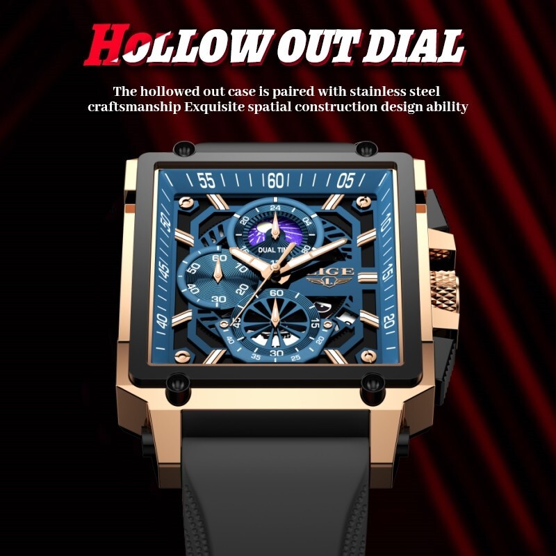 Men’s Watches Square Date Moon image Luminous Dial 3ATM Waterproof Wristwatch