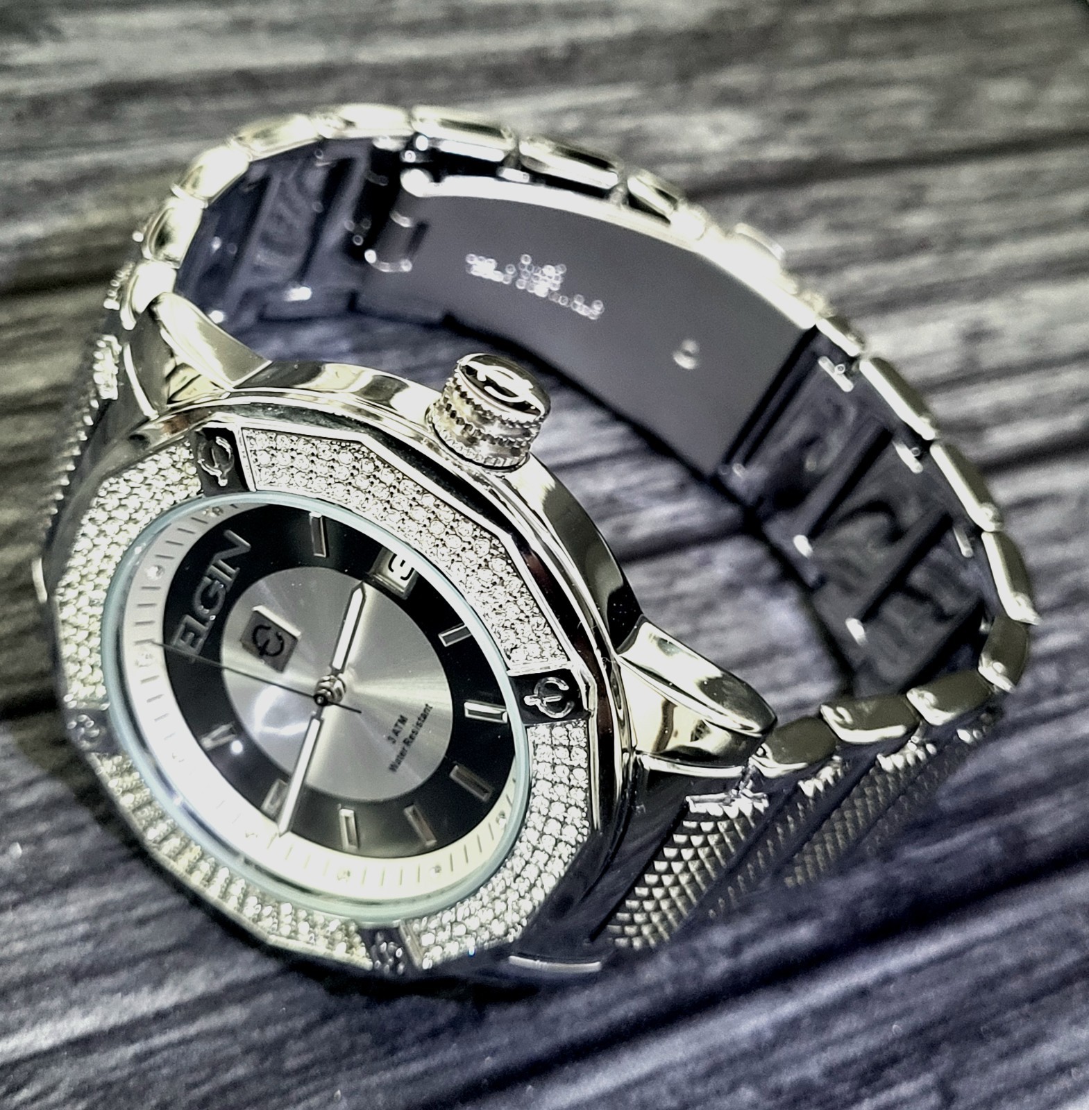 Rare Diamond Paved Bezel Mens Watch Elgin Authorized Dealer