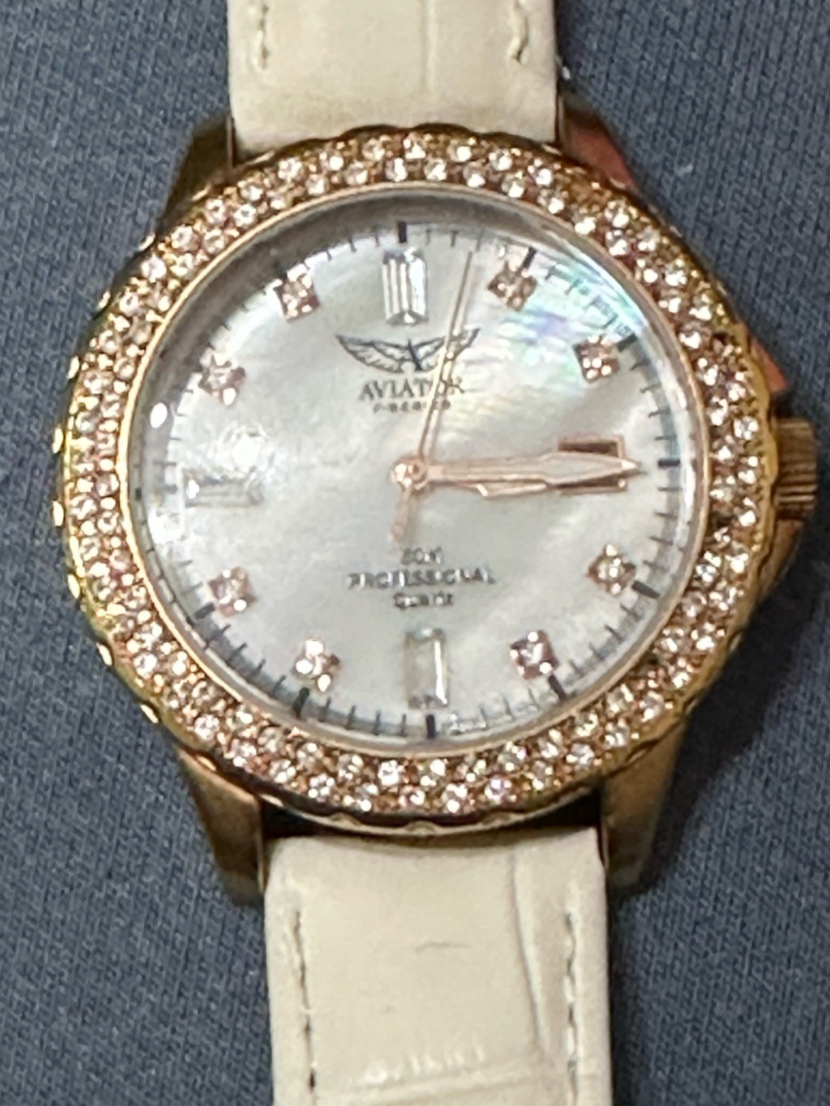 Aviator F-series AVX4372 Ladies Watch Gem Set Rose Gold Plated White Leather