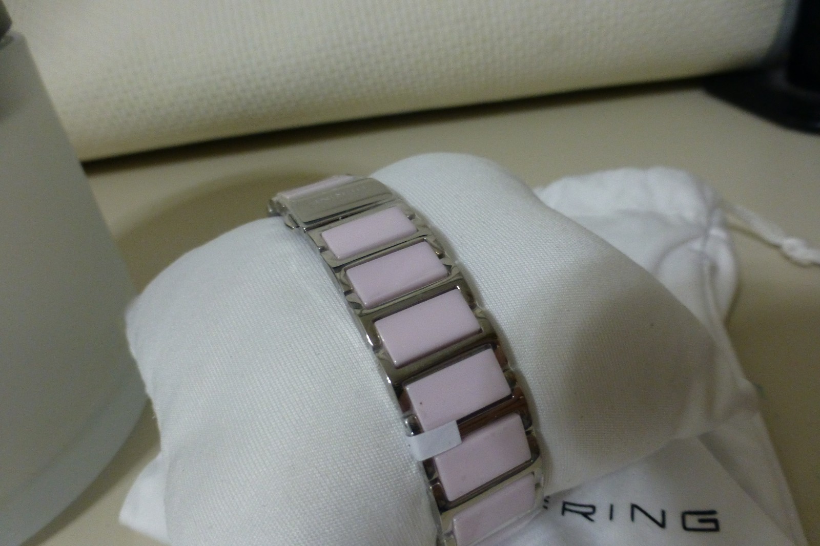 Bering Ceramic Silver Steel and Pink Ceramic Links Women’s Watch. 11422-999