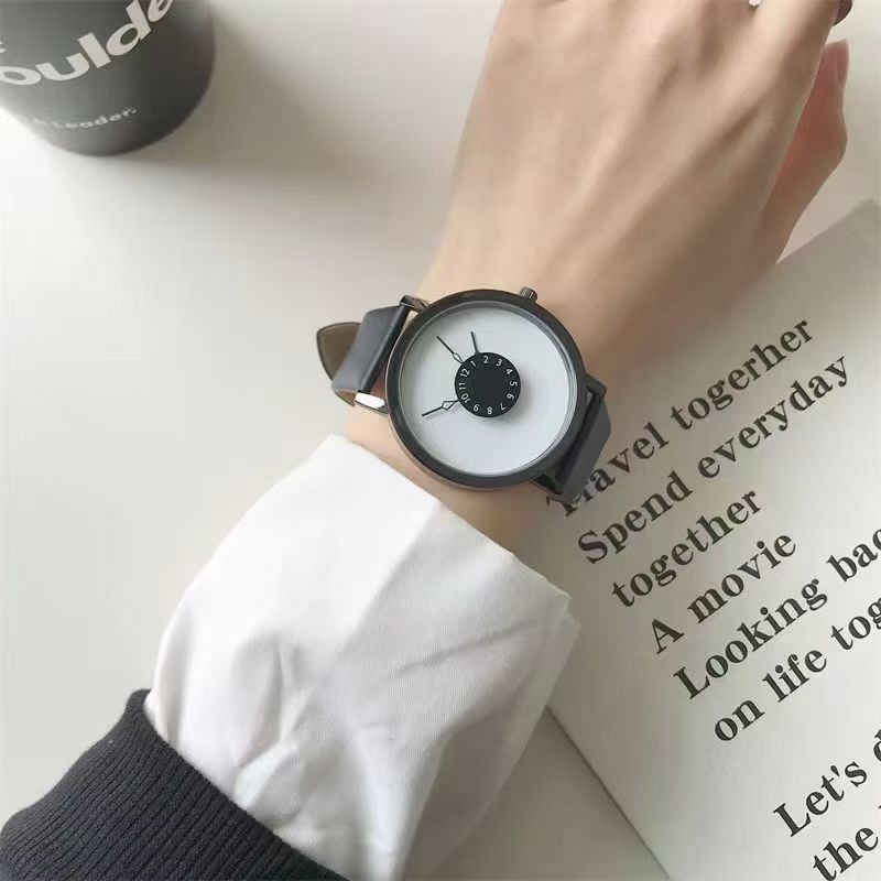 Unisex Analog Minimalist Unique Dial Watch Quartz with Black Faux Leather Band