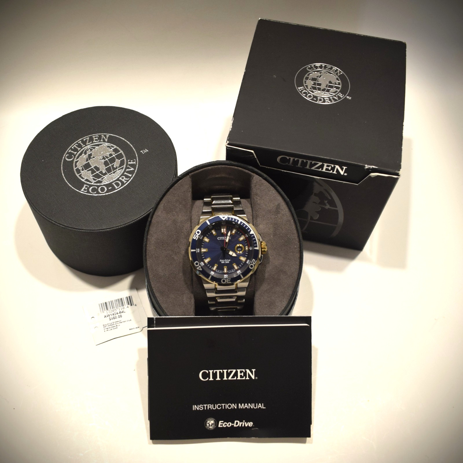 Citizen Endeavor AW1424-64L Eco Drive Blue Dial Two Tone Mens Watch Box Dive