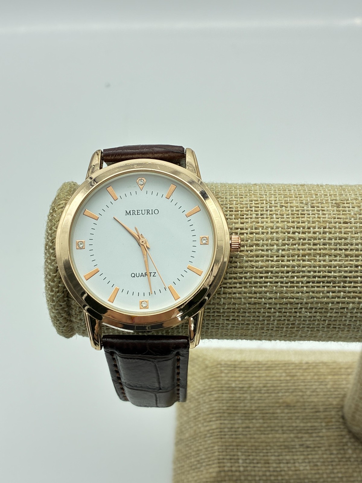 MREURIO Mens Watch White Dial Gold Case Brown Leather Quartz EET-8599G-RG