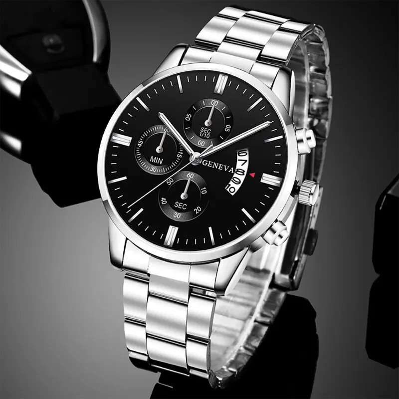 Luxury Men’s Silver Stainless Steel Quartz Business Watch with Calendar