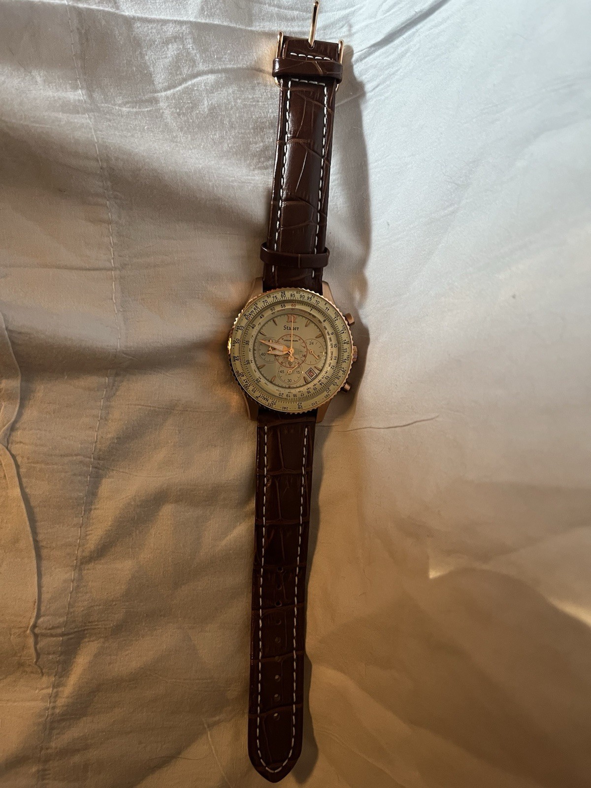 Stauer 1930 Dashtronic Quartz Chronograph Date Gold Case Brown Leather 42mm