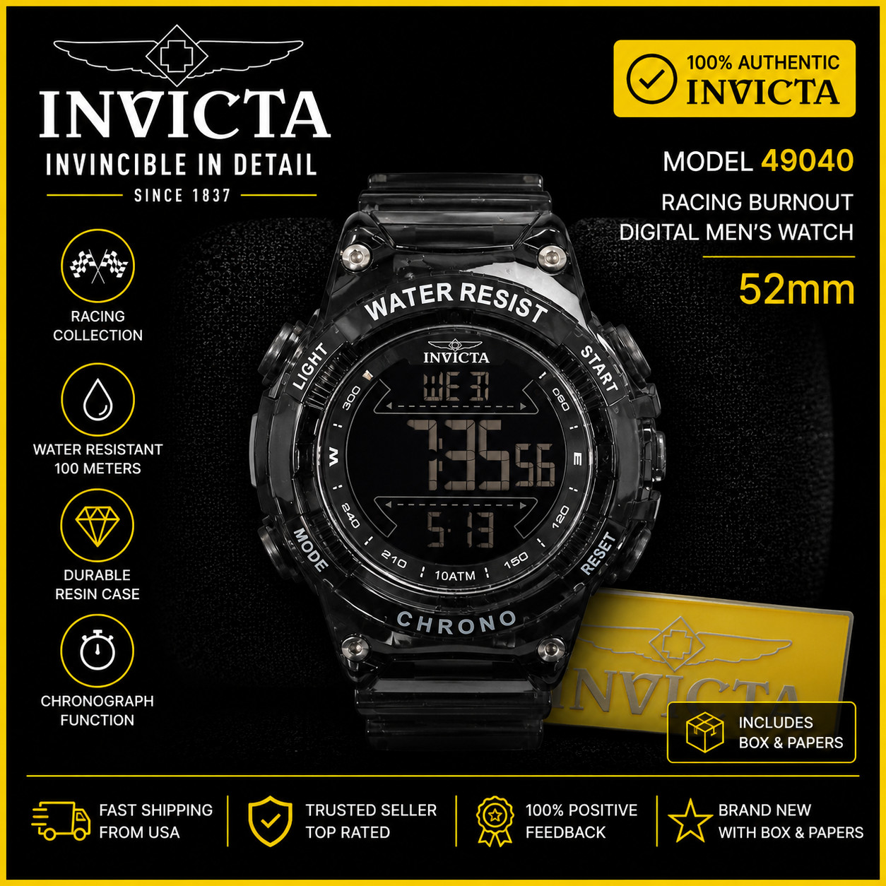 Invicta Racing Burnout Digital Men’s Watch – 52mm 49040 New in Box