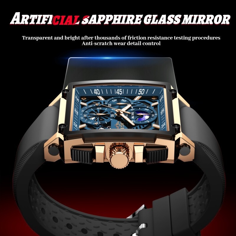Men’s Watches Square Date Moon image Luminous Dial 3ATM Waterproof Wristwatch