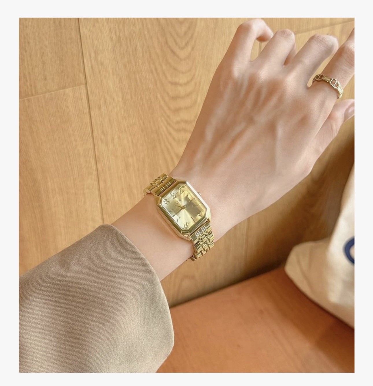 GEDI Bangle Watch & Bracelet Set Simple Square Gold Tone Solid SS Band