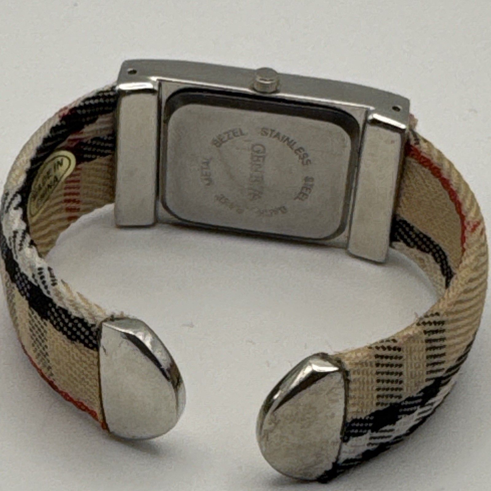 Geneva Women’s Quartz Rectangle Silver Tone Plaid Fabric Bangle Cuff Watch Works