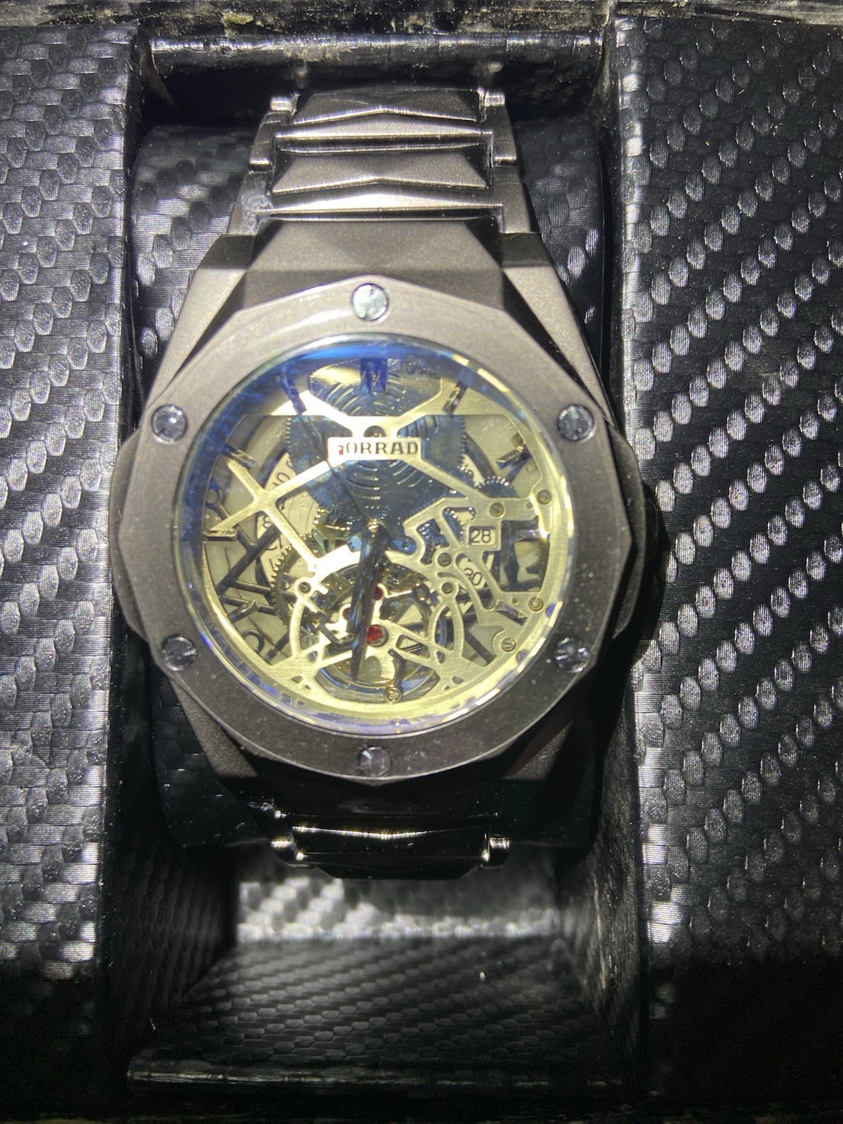 FORRAD Men’s Skeleton Dial Automatic Watch Gray Metal Bracelet w/Box