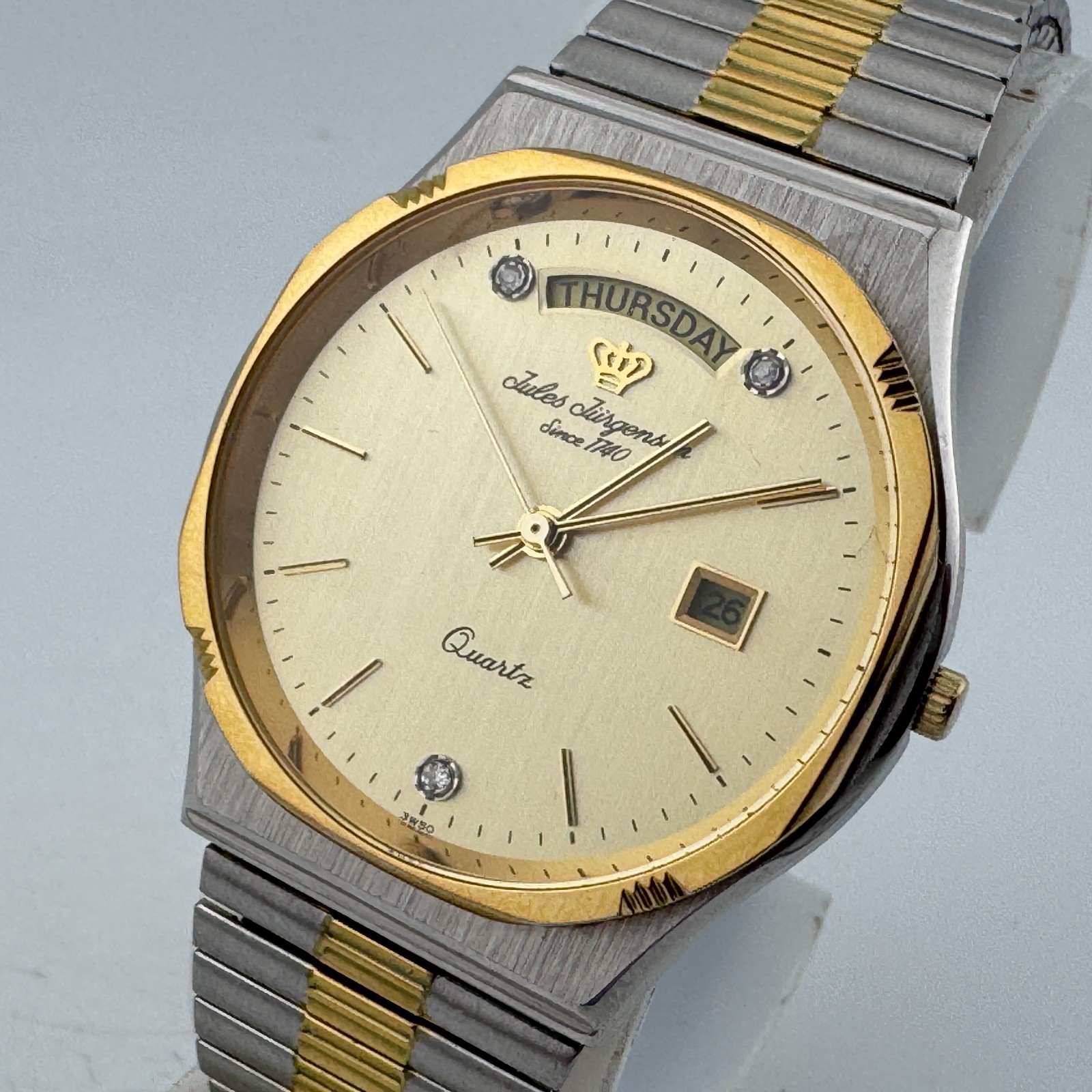 VTG Jules Jurgensen 4964 Quartz Watch Men Dual Tone Diamonds Analog New Battery