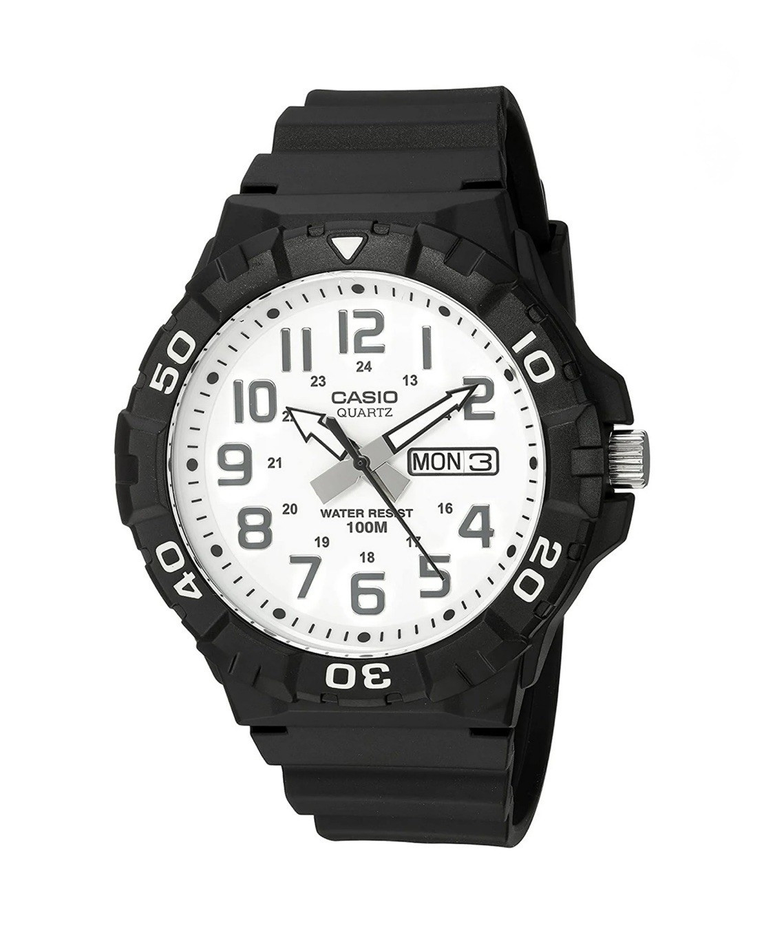 CASIO MRW210H-Quartz Analog WR 100m Black Resin 44.6mm White Dial Day/Date