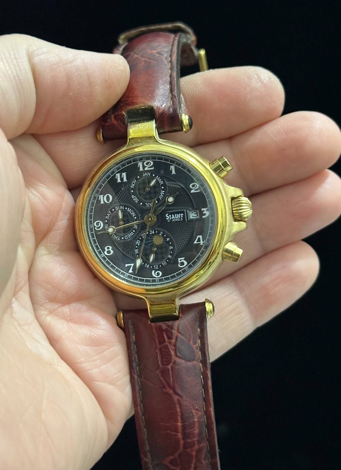 Stauer Chronograph Beautiful 27 Jewels DS14685 93 Gold Tone Automatic Mens Watch