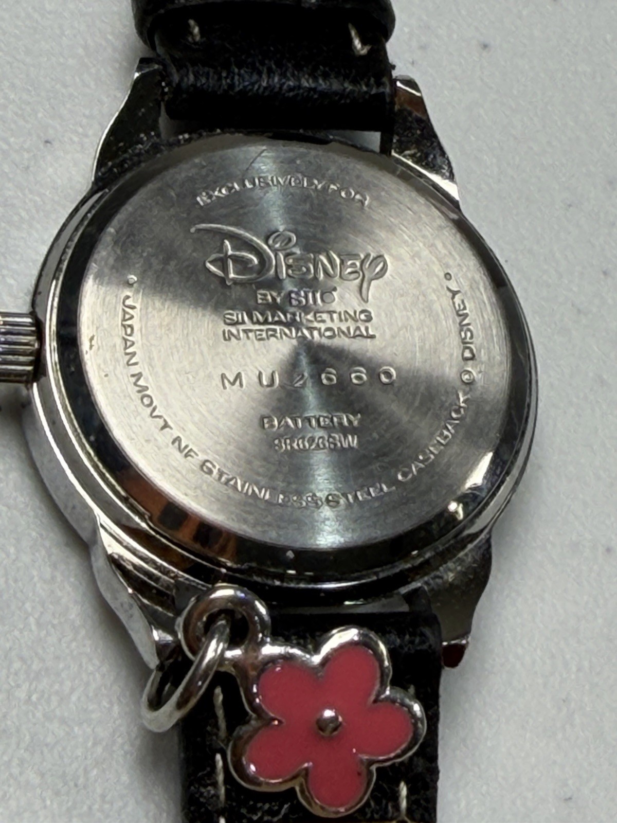 Disney Eeyore Charm Watch Black Leather Strap Quartz 25.6mm Working Japan Movt