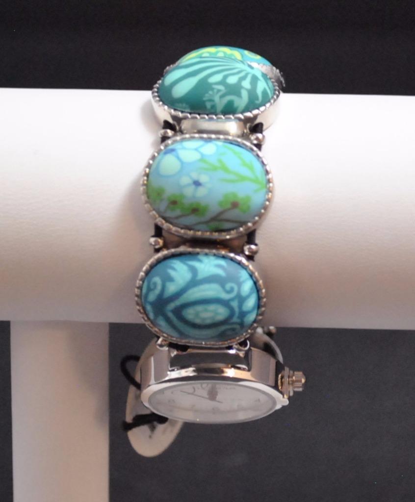 Jilzarah Emerald Oval Watch Bracelet Polymer Clay Beads Handcrafted Artisan