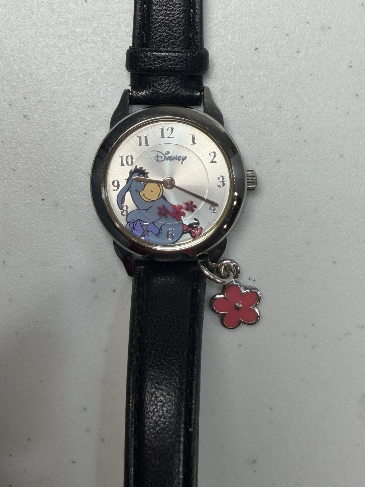 Disney Eeyore Charm Watch Black Leather Strap Quartz 25.6mm Working Japan Movt
