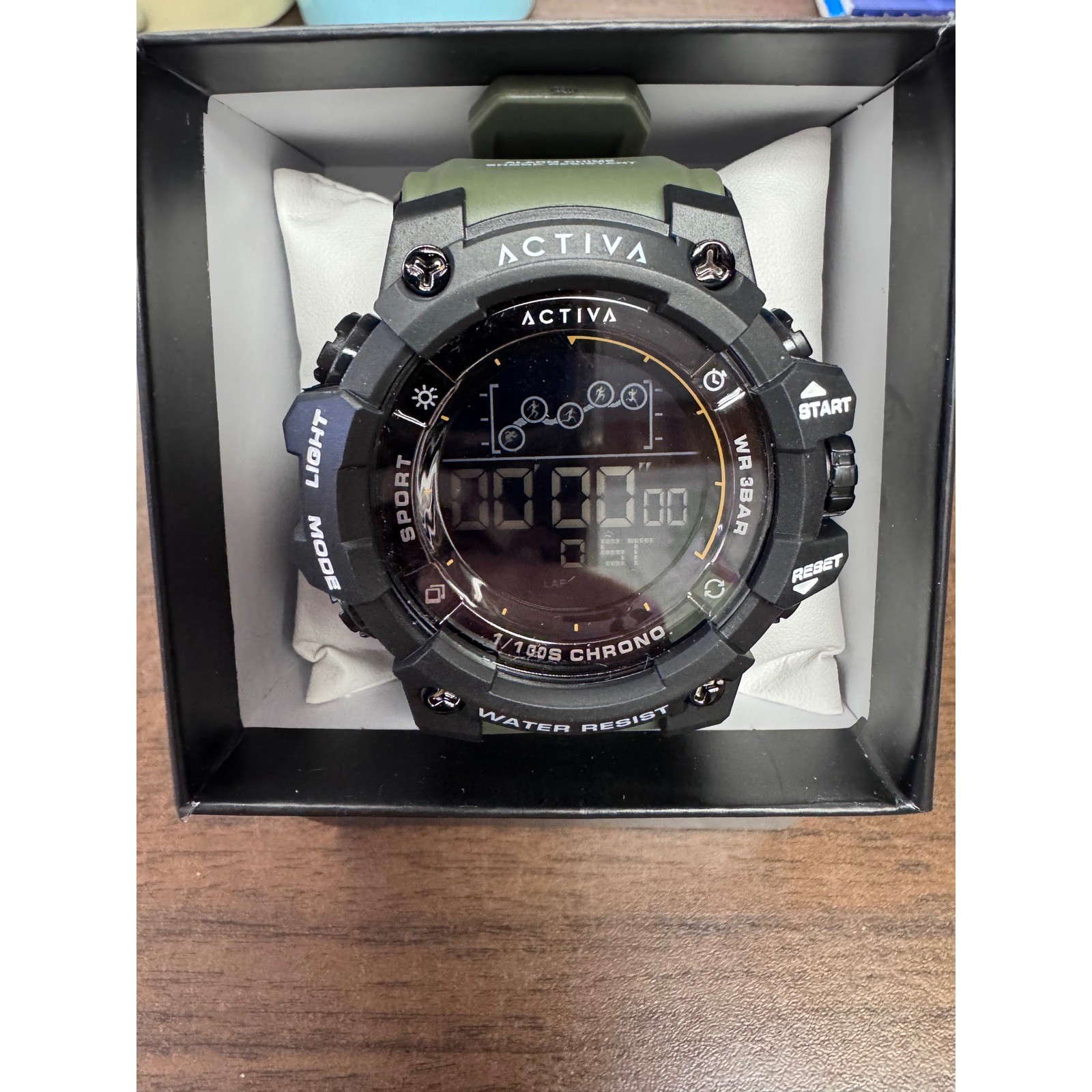 Activa Sport Digital Watch Black Olive Green Chronograph WR 3BAR New in Box
