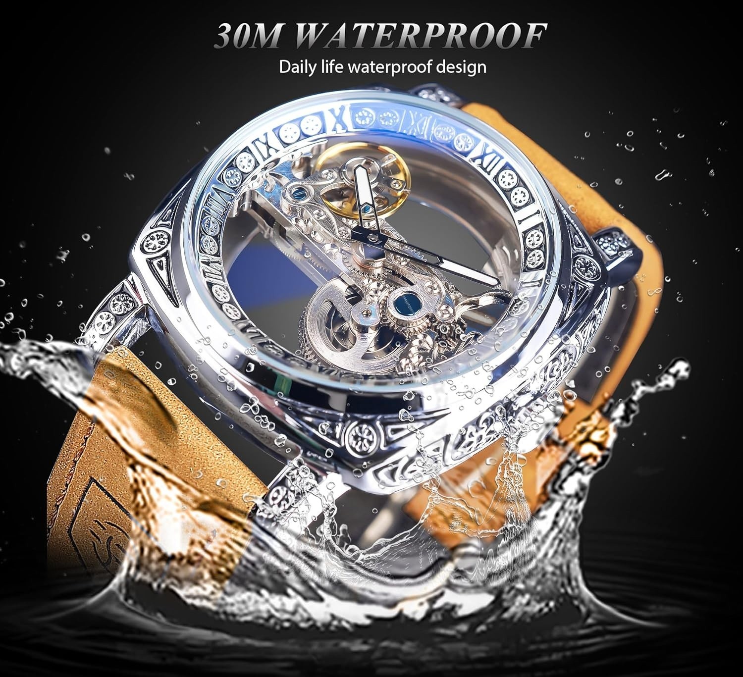 Men’s Luxury Hollow Skeleton Automatic Watch, Vintage Leather Strap Wristwatch
