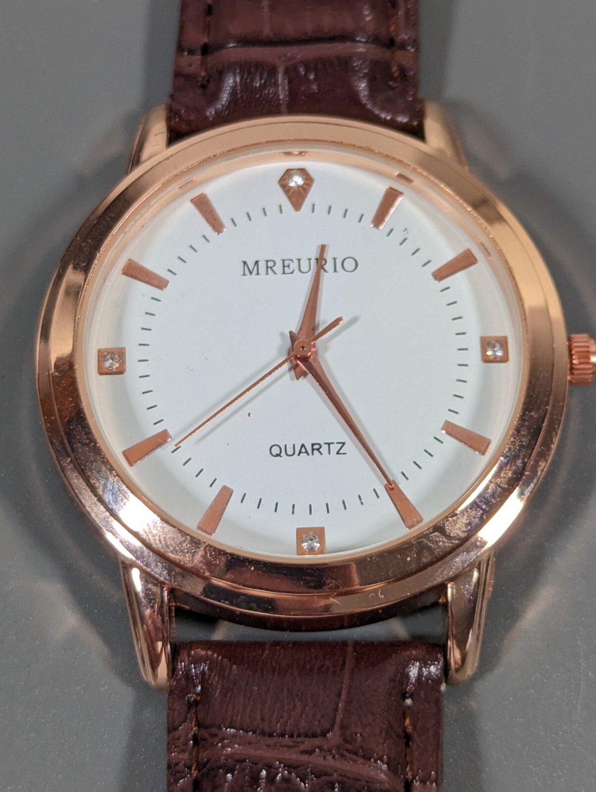Mens Mreurio White Dial Round Gold Tone Case Brown Faux Leather Band Watch