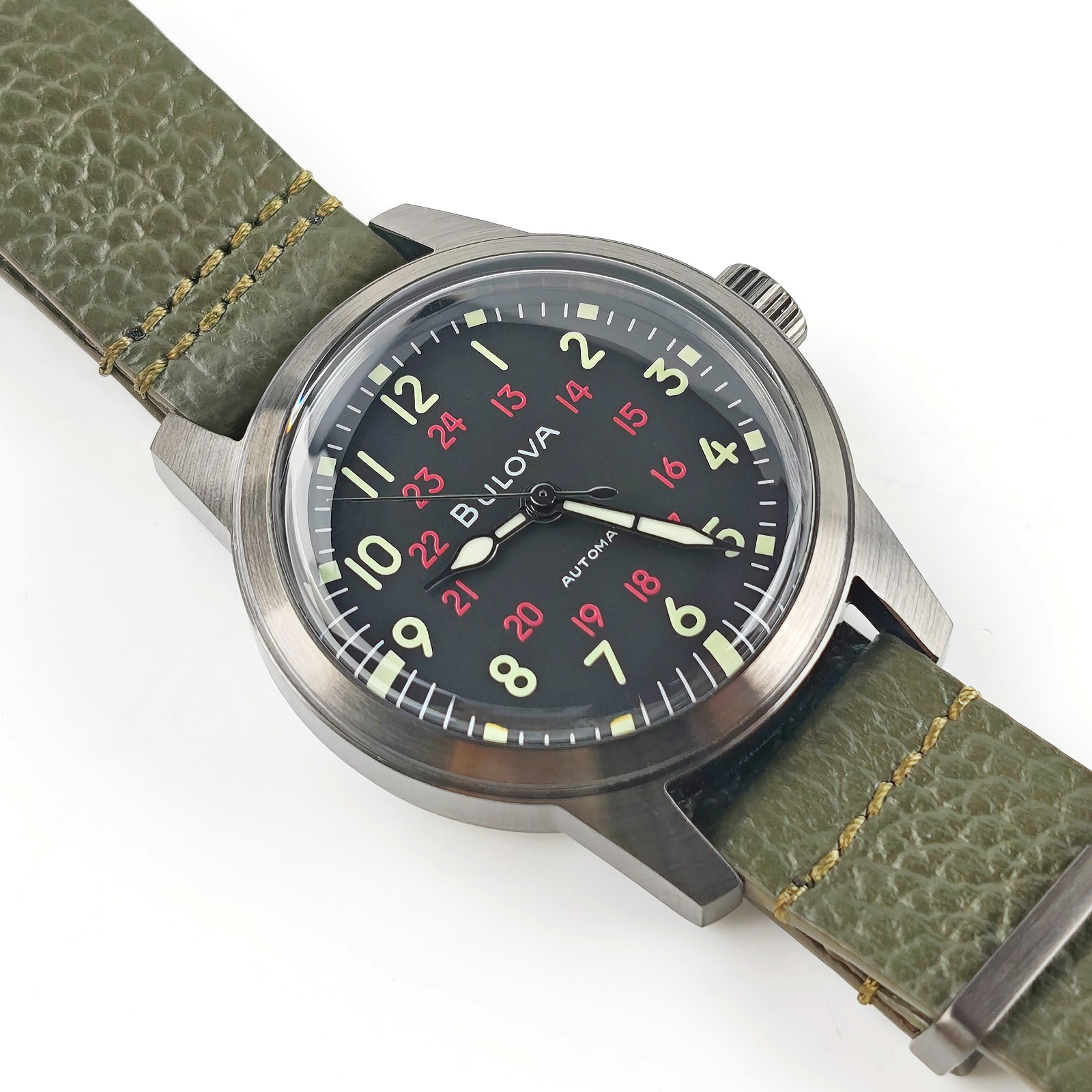 Bulova Military Hack 98A255 Men’s Black Dial Green Leather Strap Automatic Watch