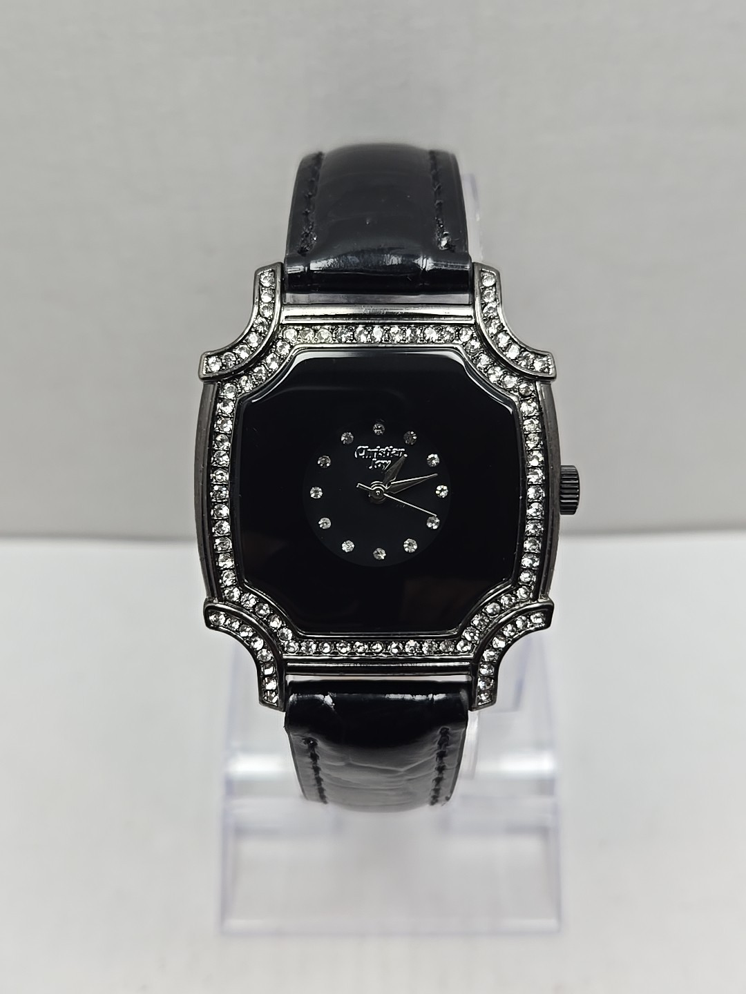 Womens Christian Joy Silver Tone Geometric Watch Crystals Leather New Battery