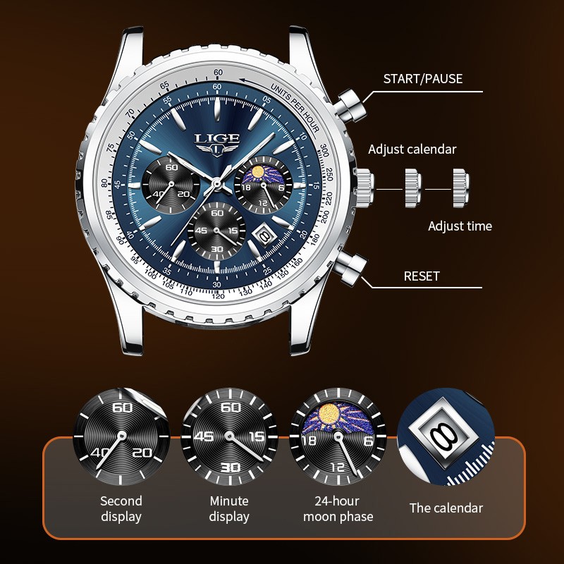 Men Watch Quartz Date Luminous Chronograph 3ATM Waterproof Man Wristwatch Boxed