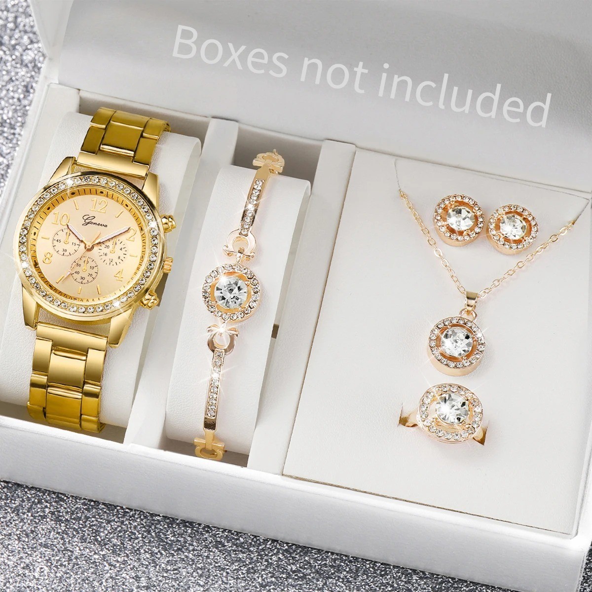 6-Piece Women’s Quartz Watch Jewelry Set with Rhinestone Stainless Steel Band