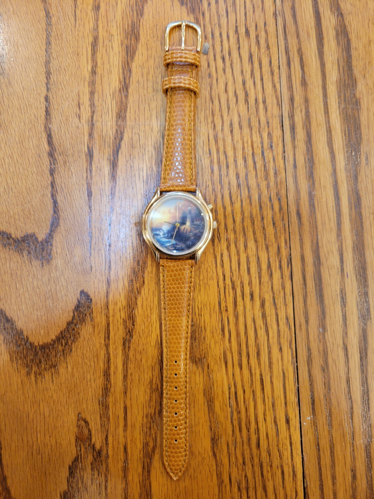 Thomas Kinkade Lighthouse Art Quartz Wristwatch Gold Tone Brown Leather Band