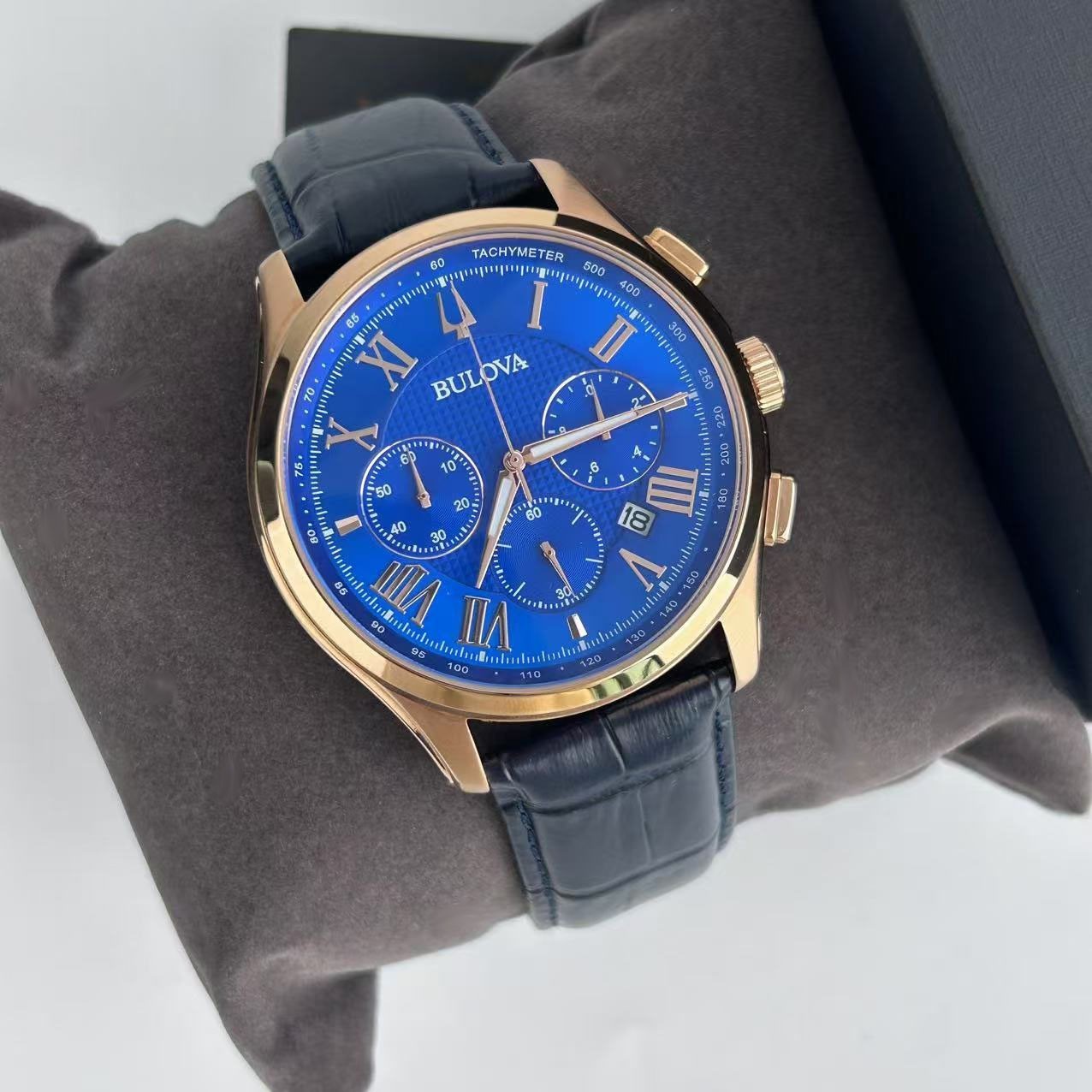 Bulova Wilton Classic 97B170 Blue Dial Leather Strap Mens Quartz Watch 4 G2U