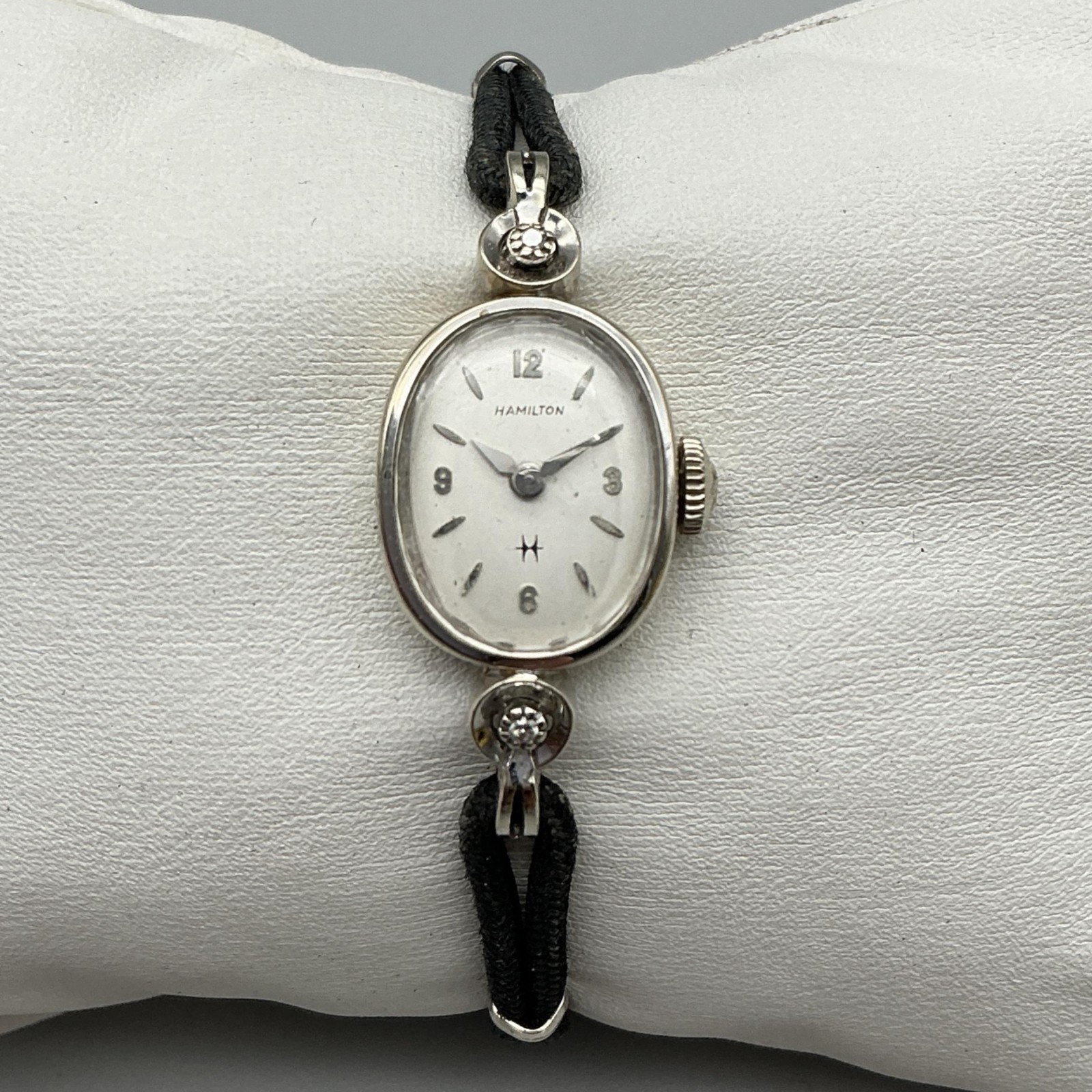 Vintage Hamilton Women Watch 14mm 14K Gold Diamond Black Chord Manual Wind 5.75″