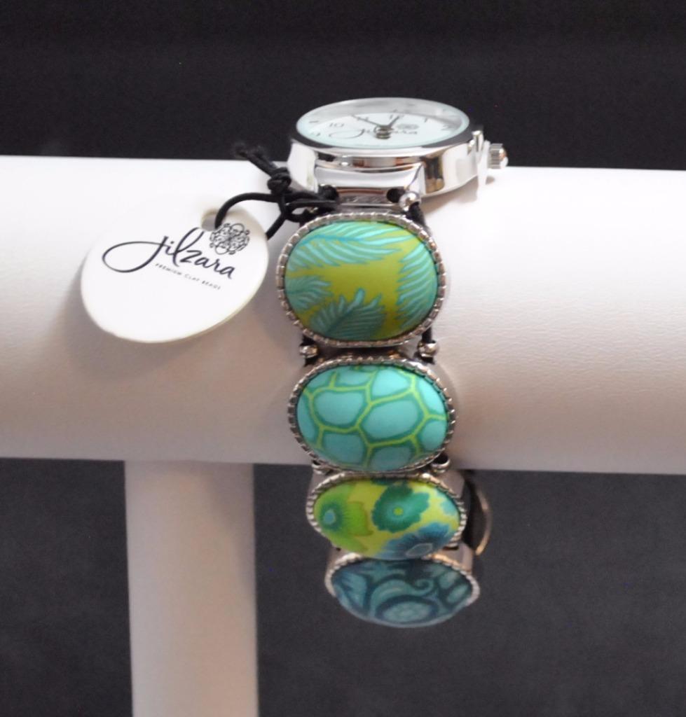 Jilzarah Emerald Oval Watch Bracelet Polymer Clay Beads Handcrafted Artisan