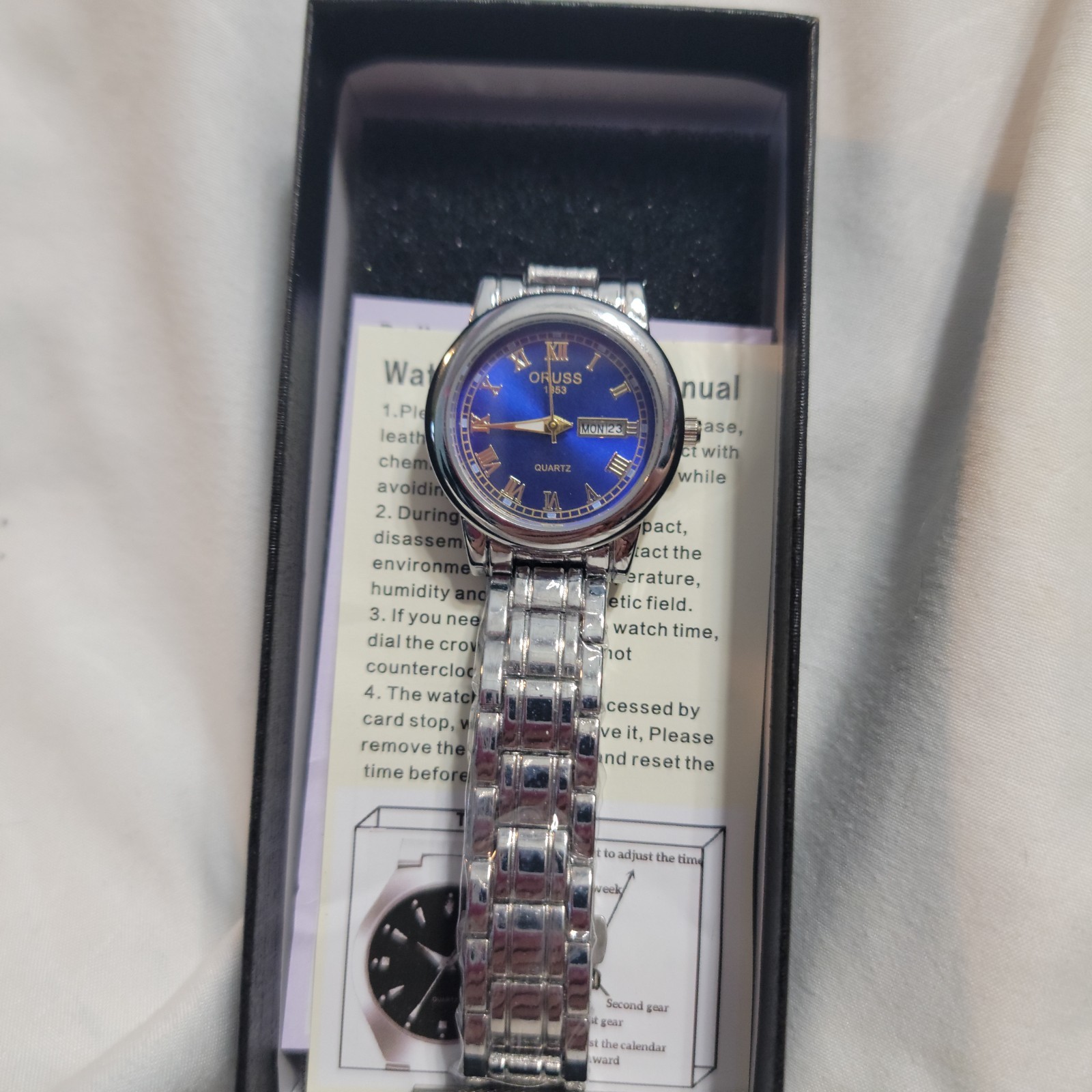 Classic ORUSS 1853 Quartz Watch with Deep Blue Dial and Gold Accents in Original