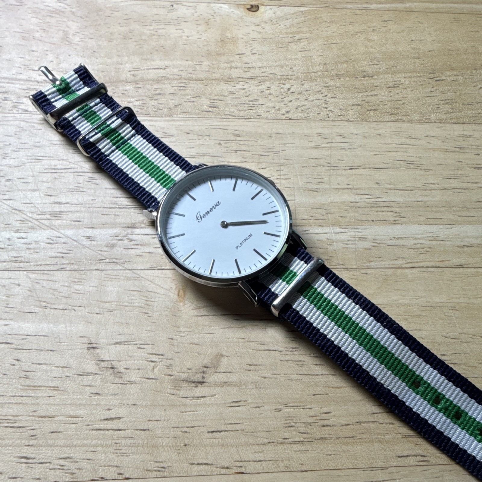 Geneva Platinum Quartz Analog Watch White Dial Blue/White/Green Nylon Strap