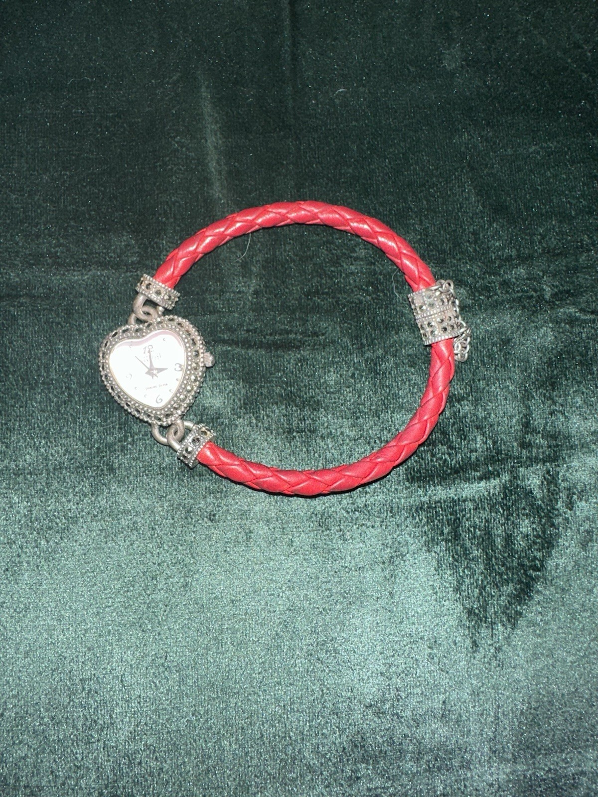 Ecclissi Sterling Heart Quartz Wristwatch Silver Dial Red Leather Wrap Strap