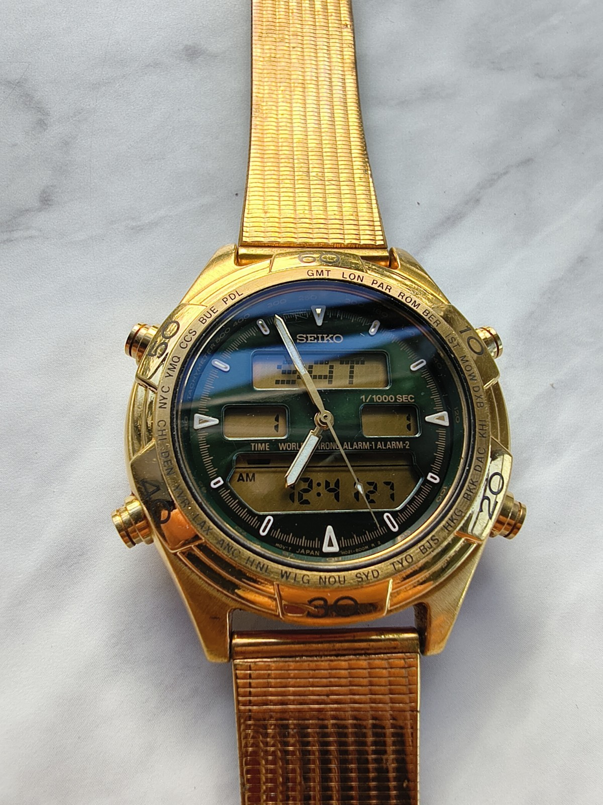 Seiko H021-8021 World Timer Ana-Digi Gold Tone Alarm Chronograph Watch Running