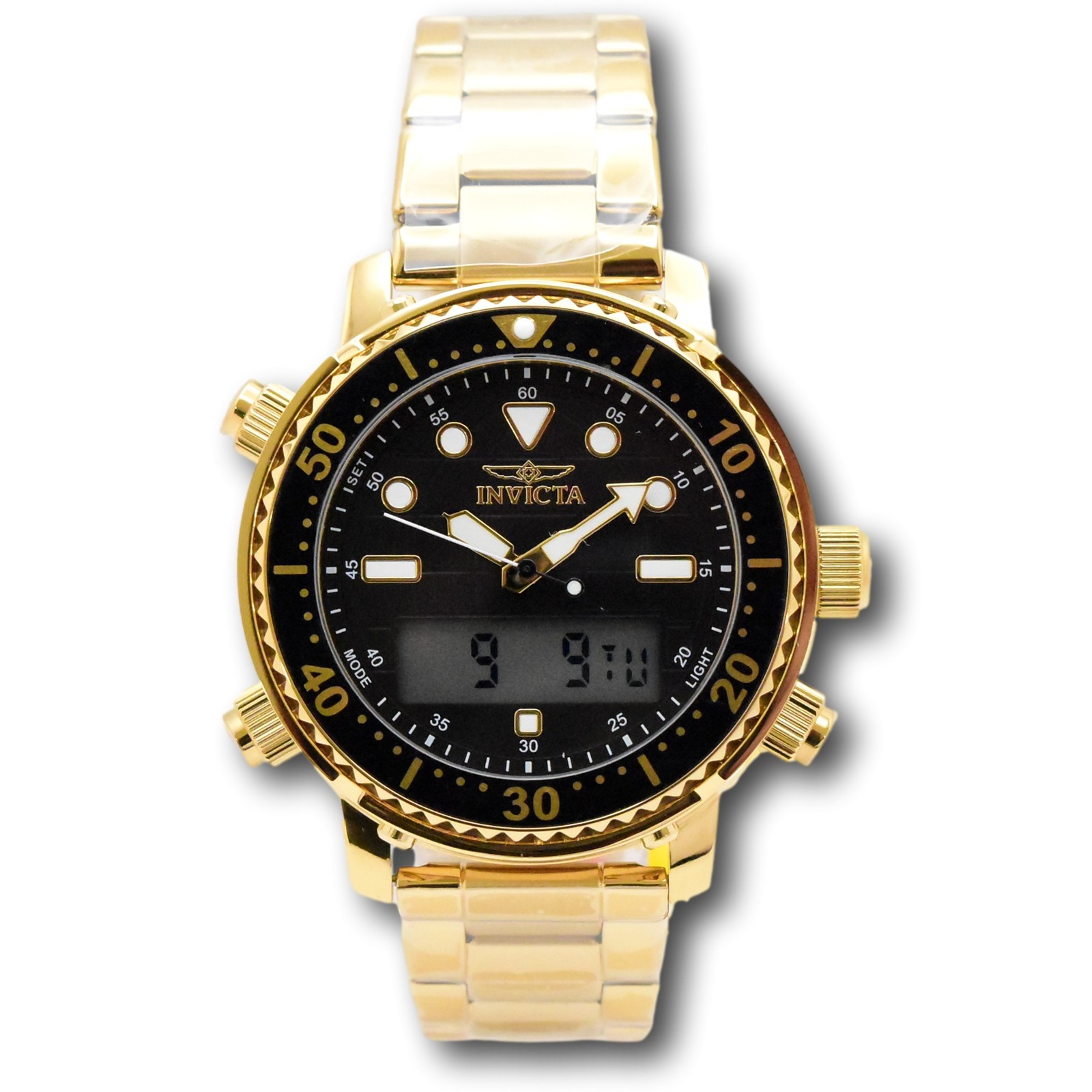 Invicta Pro Diver Men’s 46.5mm Gold Dual Time Digital Ana-Digi Watch 48372