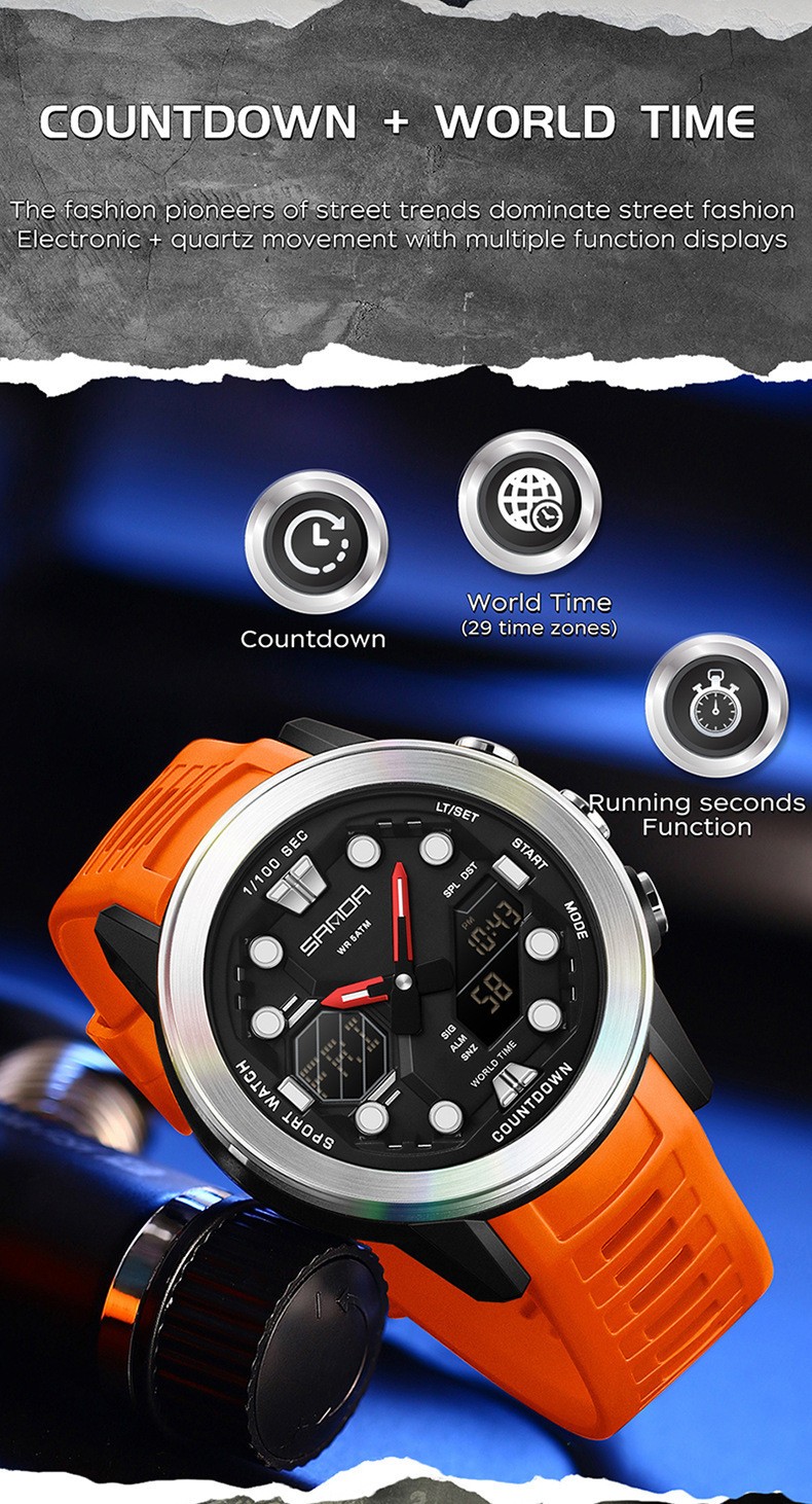 Dual display dial multifunctional sports style high waterproof quartz watch