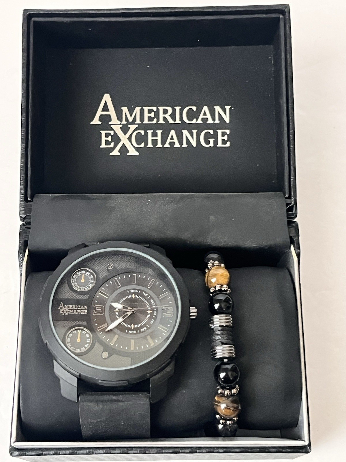 American Exchange Men’s Black Rubber Strap Watch 46mm Gift Set – Black New