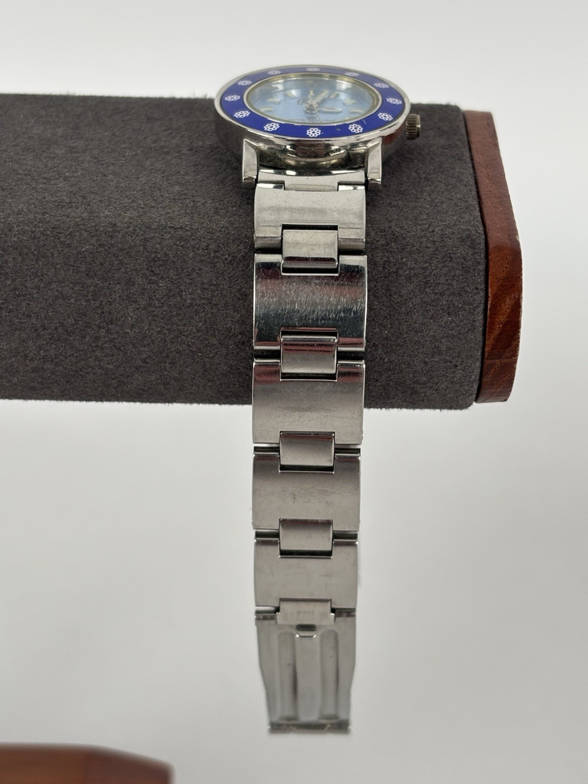 Foxy 28mm Silver Tone Blue Bezel-Dial Quartz Watch w/Bracelet & New Battery