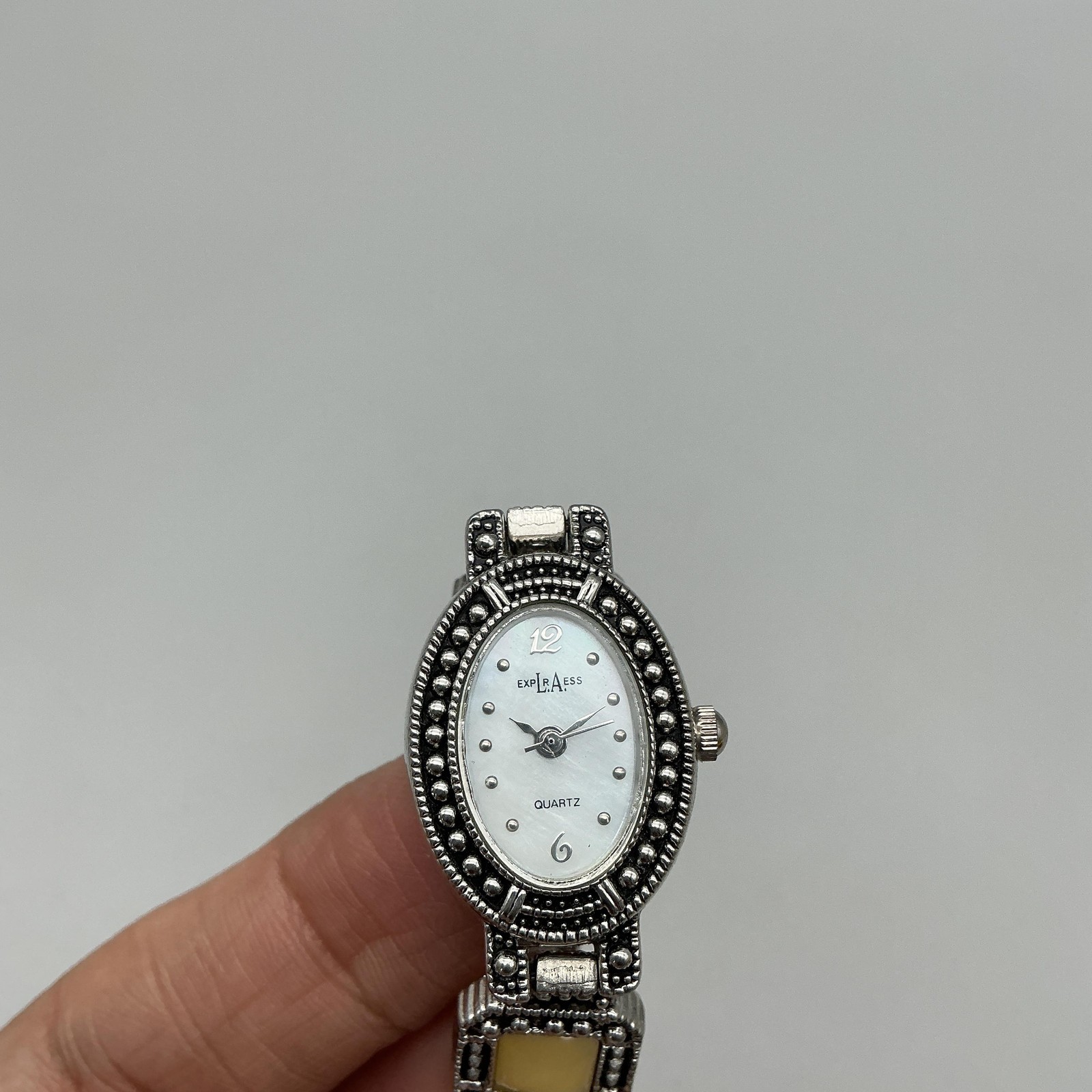 Express Womens Watch 17mm Marcasite Silver Tone Yellow Inlay New Battery 7.25″
