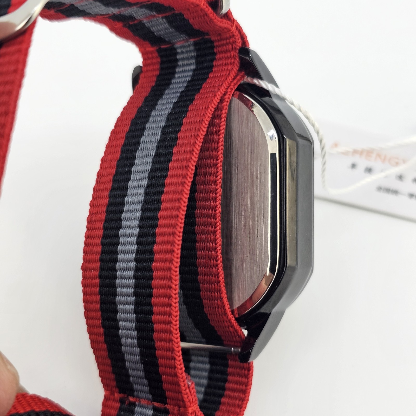 42MM Men’s Watch Black Dial Date Red Black Gray Canvas Band Strap New Battery