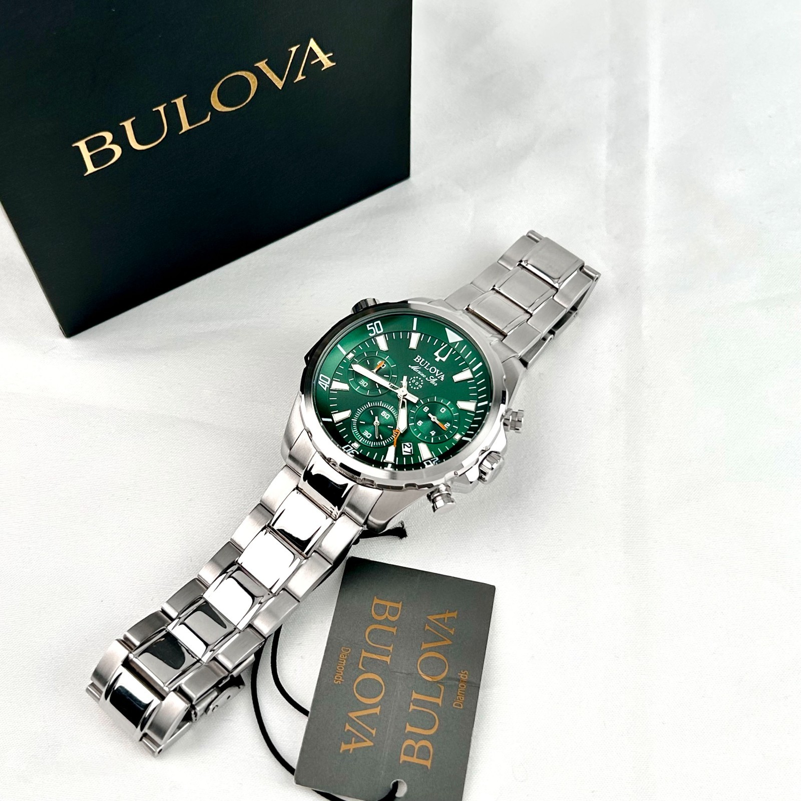 New w/box/Bulova Marine Star 96B396 Green Dial Chronograph Men’s Quartz Watch