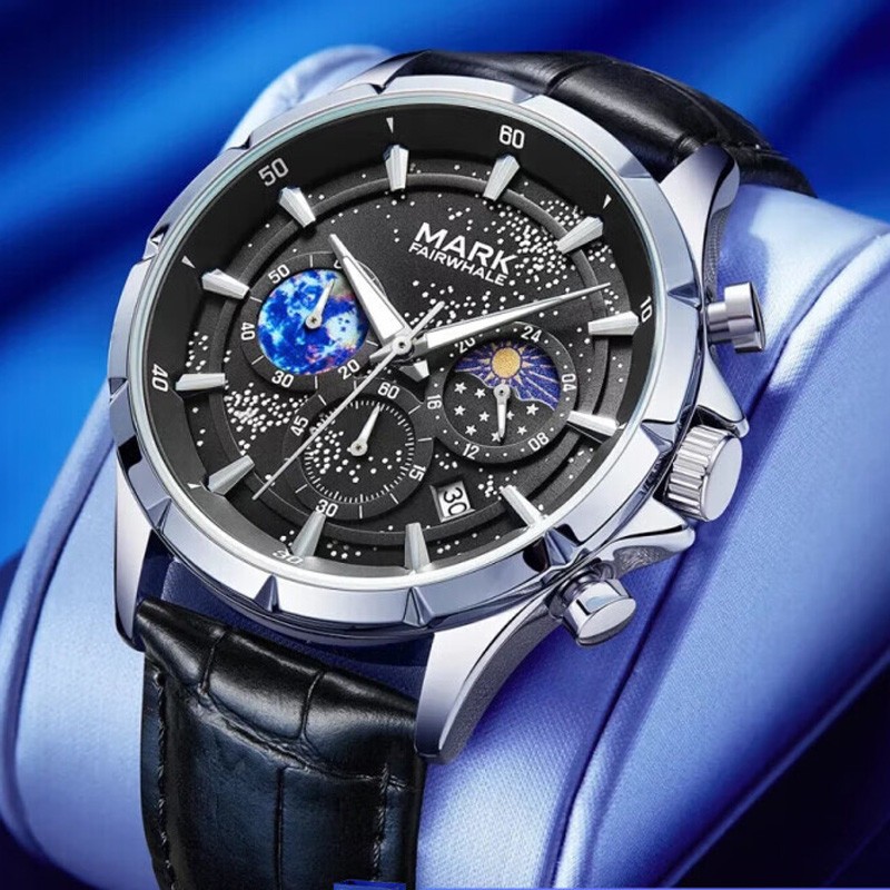 MARK FAIRWHALE Cosmic Stars Moon Phase Calendar Luminous Waterproof Quartz Watch