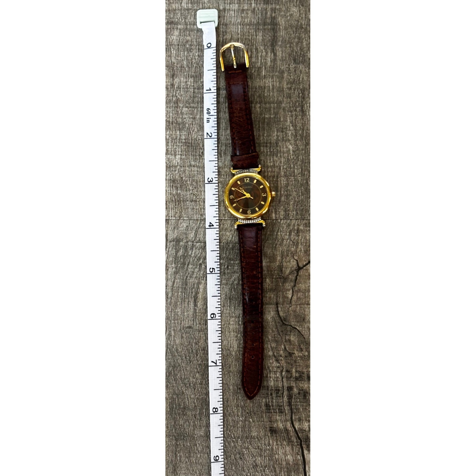Fossil PC-9618 Women Watch Brown Leather Band Gold Tone Tortoise Dial Vintage