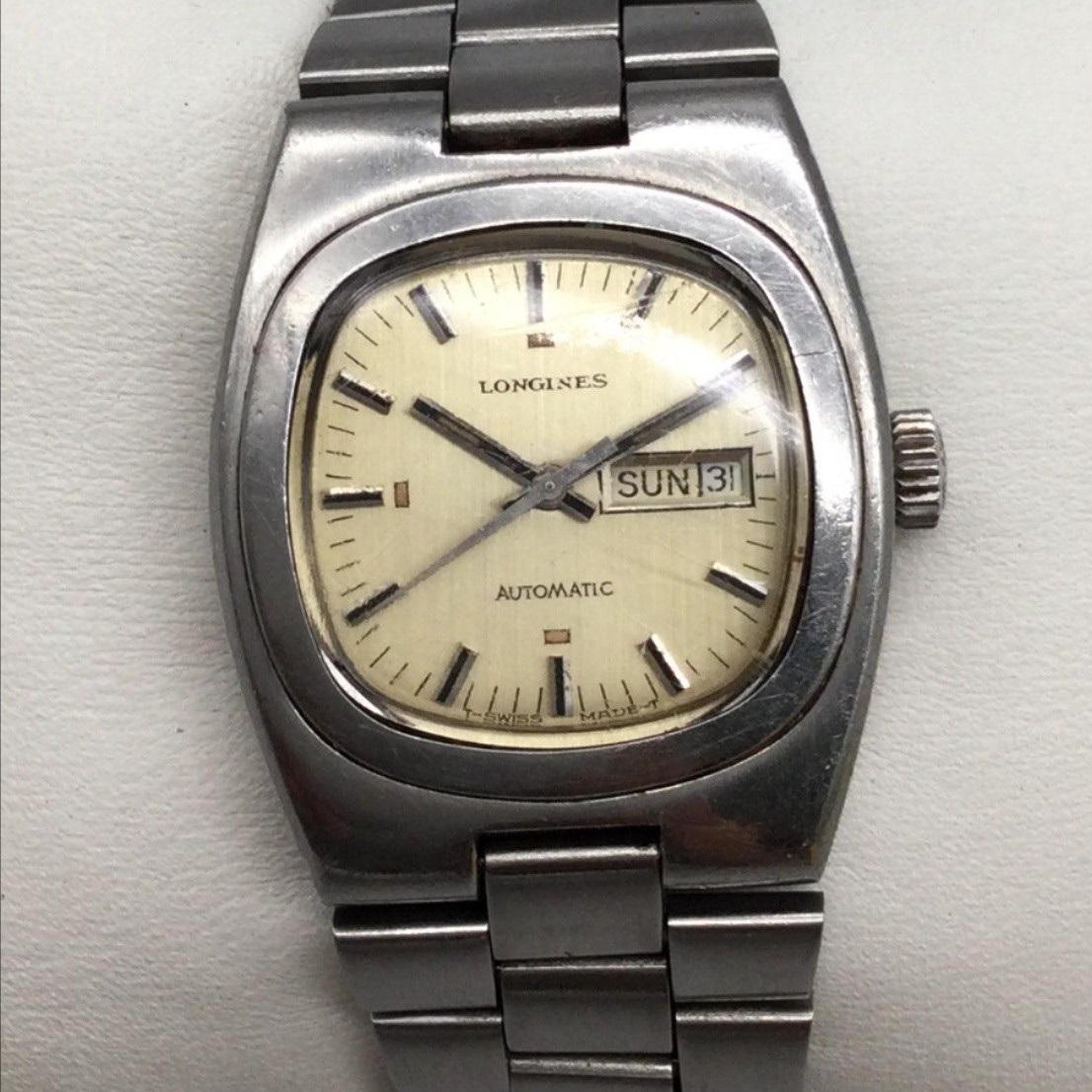 Vintage Longines Mens Watch 27mm Cream Dial Automatic Day Date Stainless 6.25″