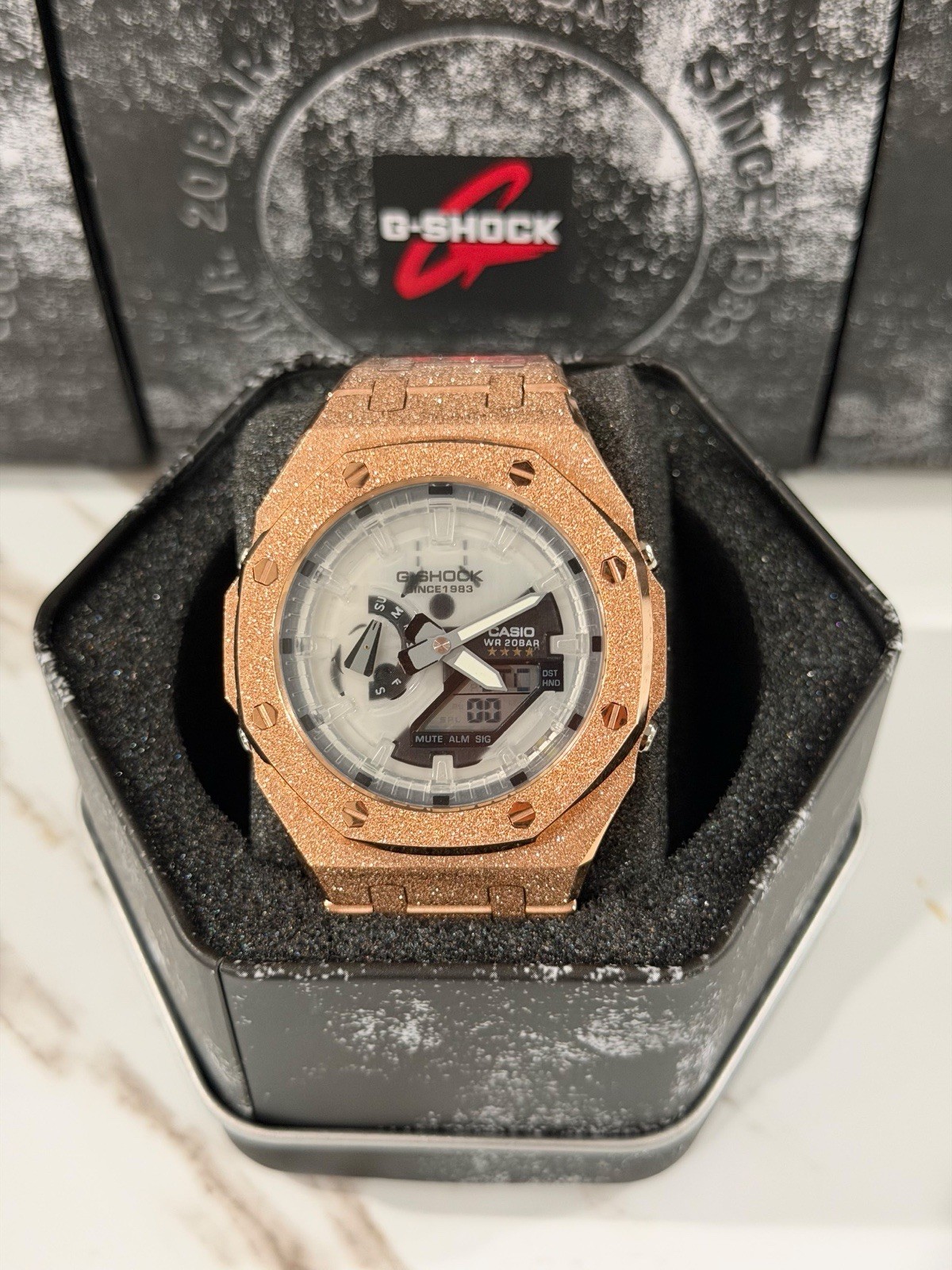 Casio GA-2100 G-Shock Watch – Sandblasted Gold Rose Frosted – White Dial