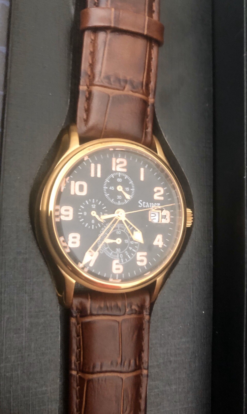 Stauer RG Black Dial Chronograph Watch 15755 Water Resistance 5ATM