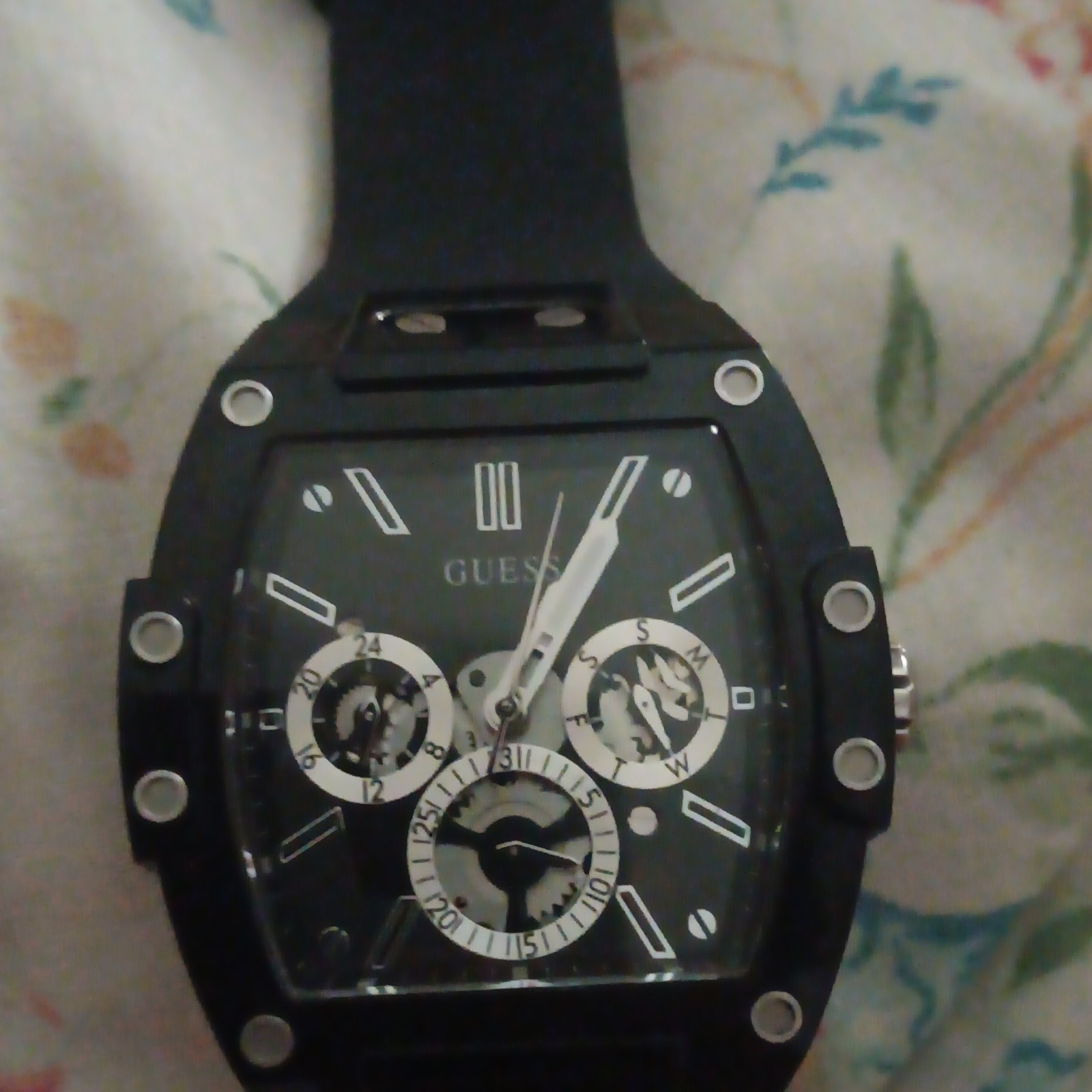 GUESS Men’s Tonneau Multi-Dial Quartz Analog Watch Black Rubber Strap